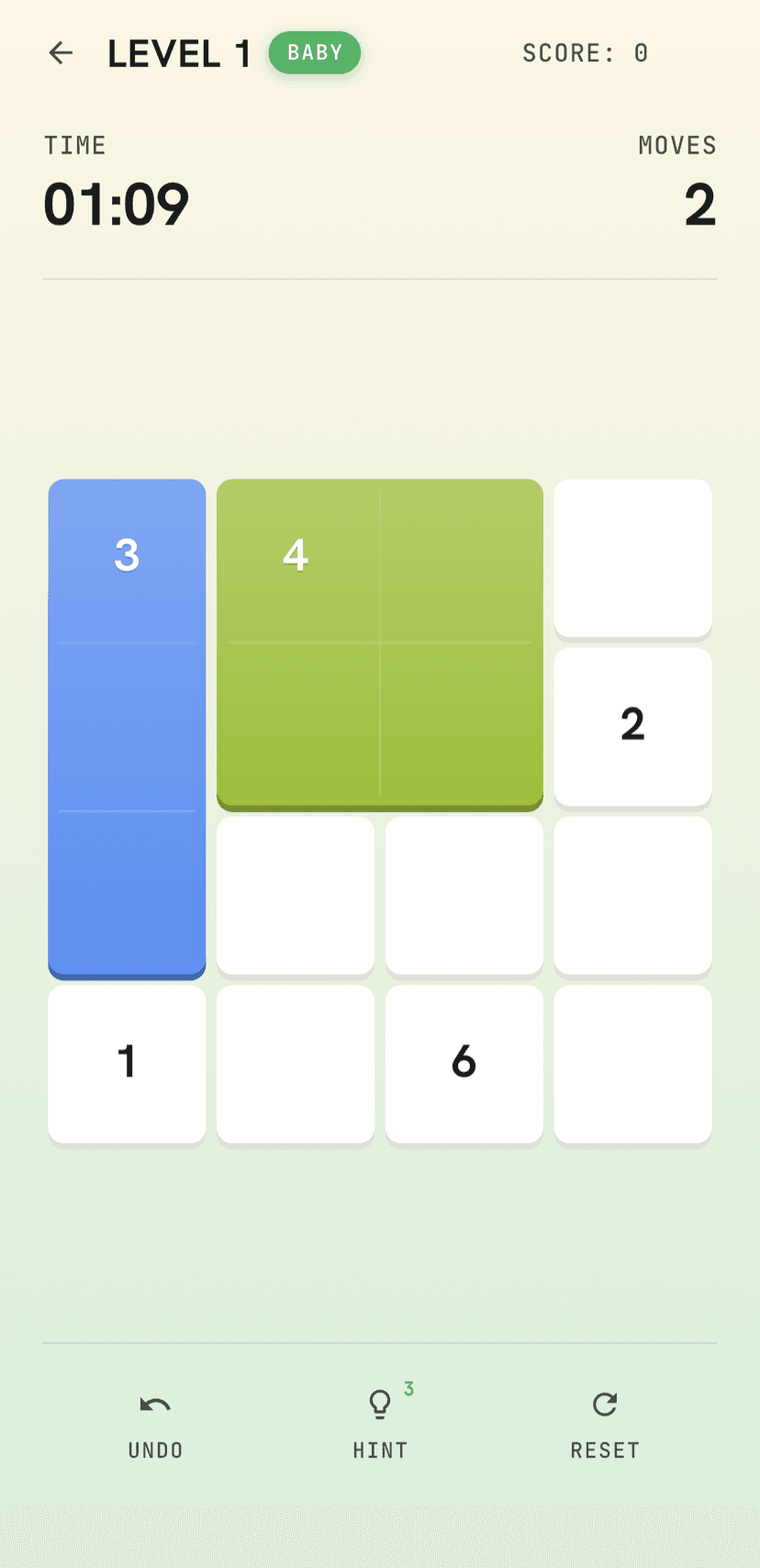 Recto Shikaku puzzle on Android: a baby-track level mid-solve with a blue and a green rectangle placed on the grid